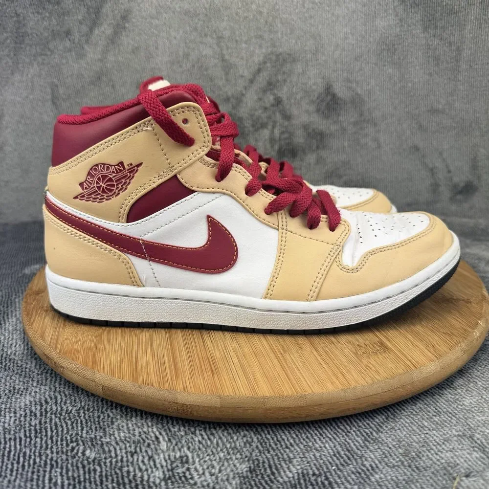 Nike Air Jordan 1 Mid AJ1 Shoes Mens Size 8 Tan Red White Basketball 554724-201